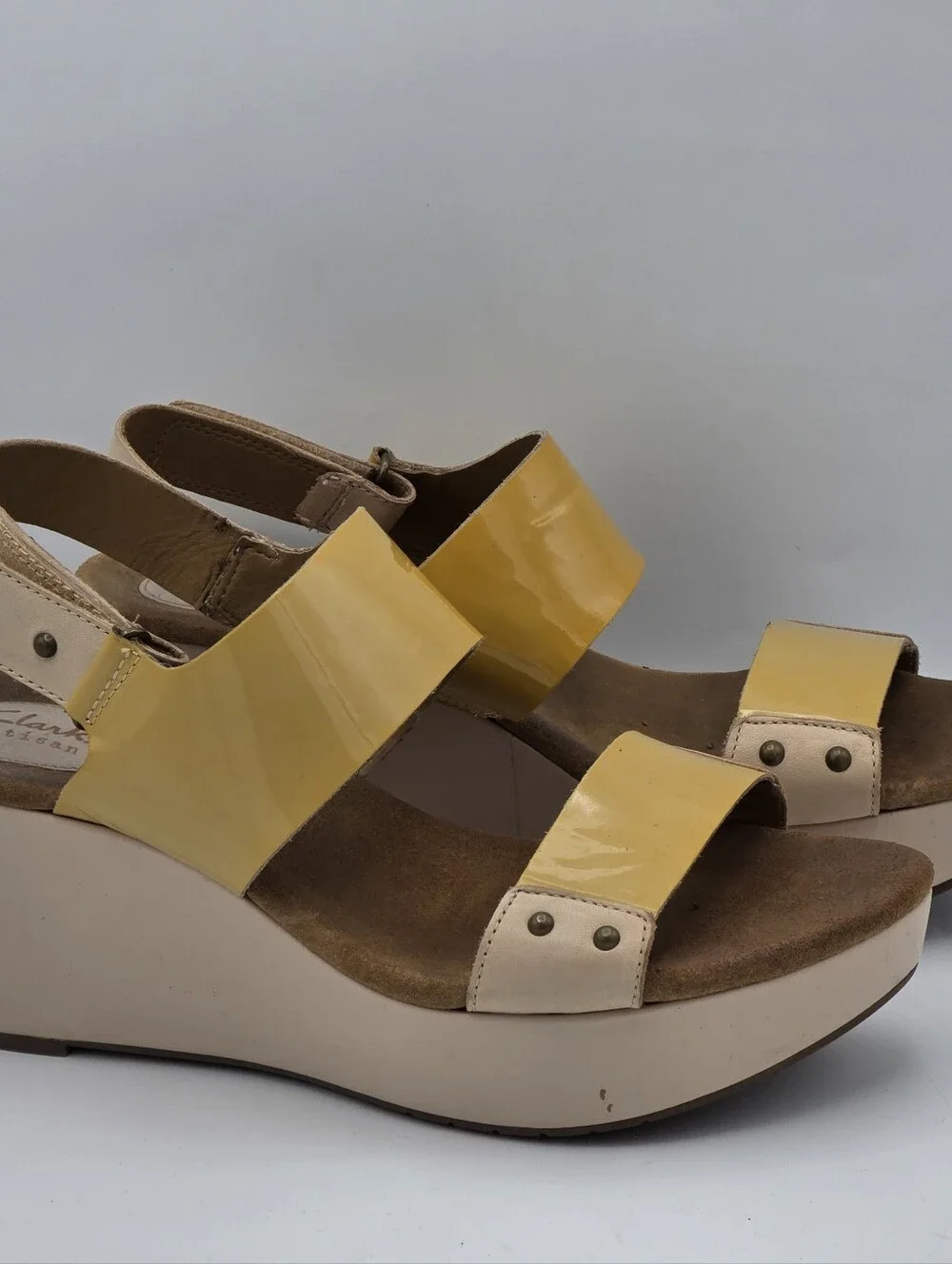 Clarks Yellow Patent Platform Sandals with Cream Trim